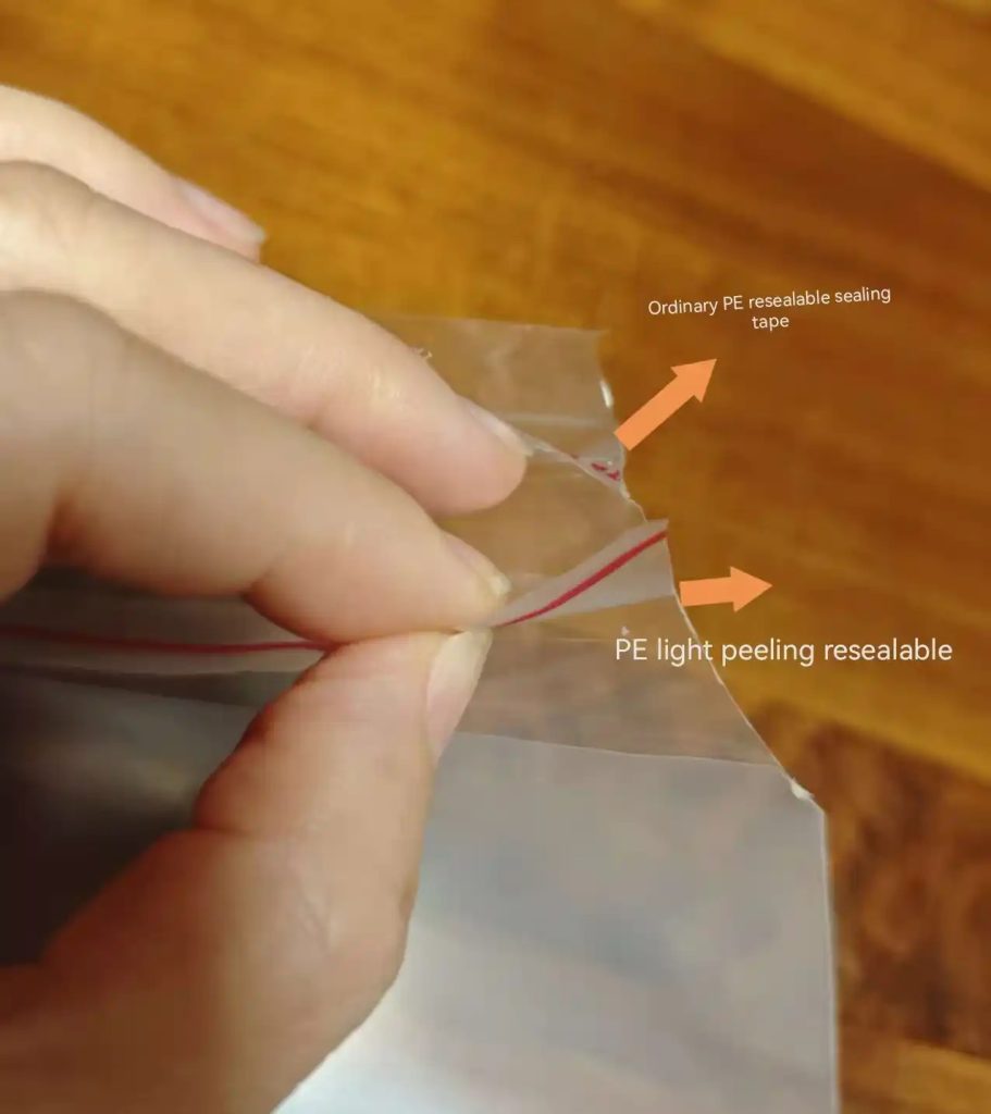 pcomparison test between ordinary PE resealable sealing tape and light peeling PE resealable sealing tape